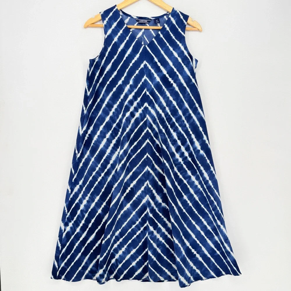 Lands End Midi Dress Womens 4 Petite Blue Tie Dye Chevron Coastal Beach Nautical